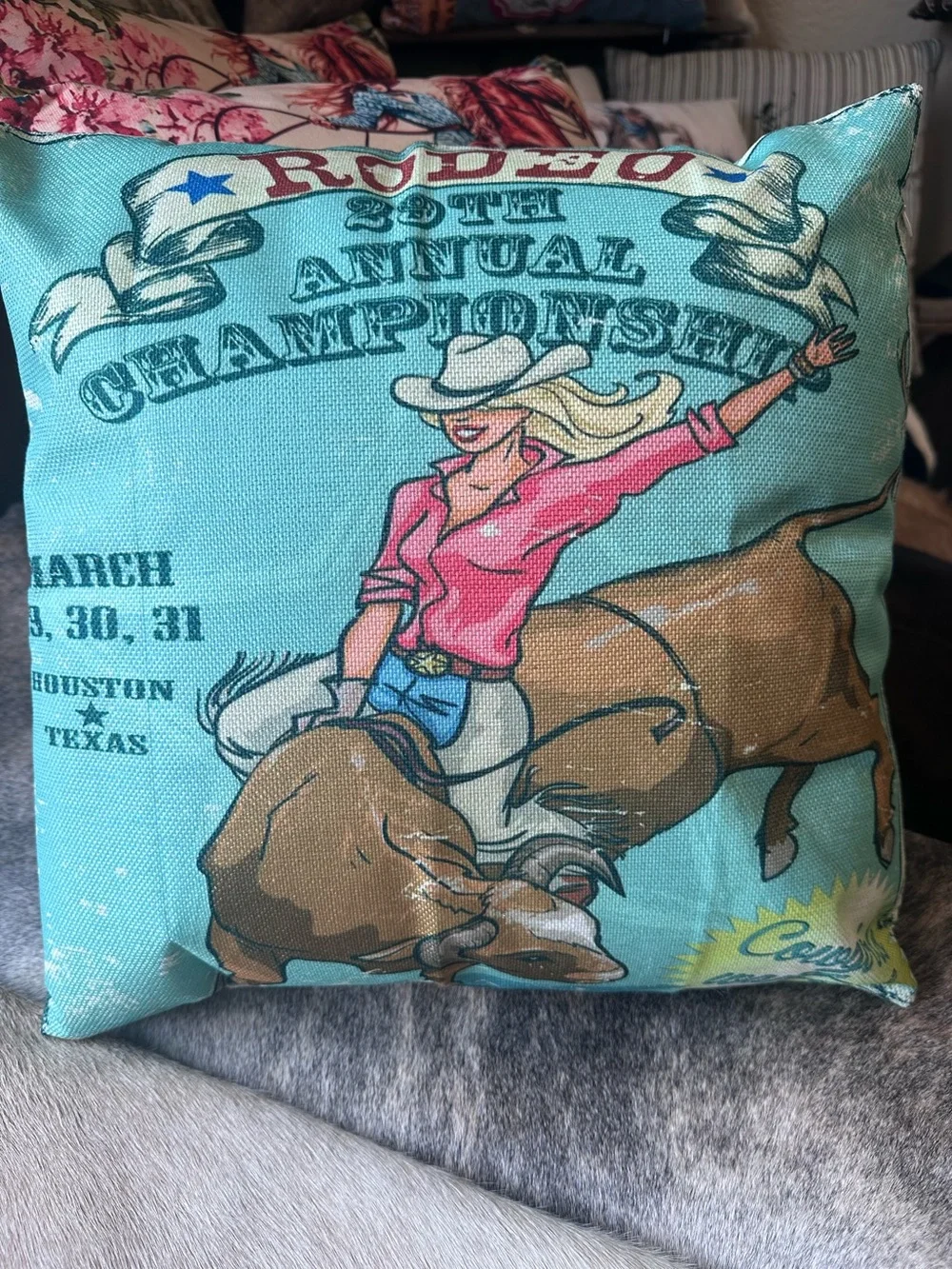 Turquoise Rodeo Bucking Bull Decorative Pillow